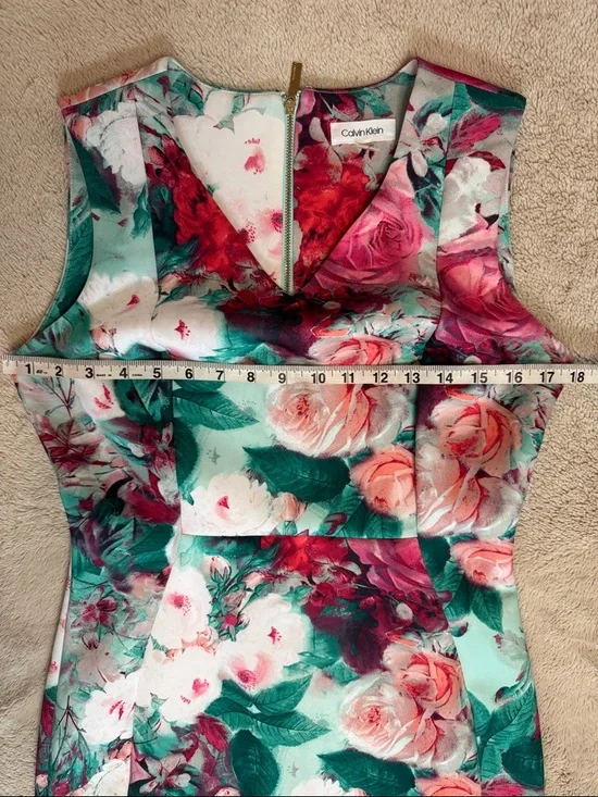 Calvin Klein Mint Green Floral Midi Dress with Pink Roses sz 8 - Picture 5 of 12